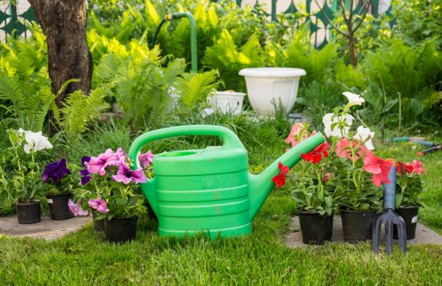 A garden scene featuring a lush, green lawn with neatly trimmed grass in the foreground, surrounded by a variety of potted flowers with colorful blooms including pink, white, and purple petals. A large green plastic watering can is placed among the plants, with a red spout indicating recent use or watering activity. In the background, there are dense, leafy green shrubs and trees, creating a shaded area that suggests a well-maintained outdoor space for gardening in Addiscombe. The garden layout includes a mix of flower beds, natural soil patches, and paved or stepped areas, with natural sunlight illuminating the scene, indicating a bright, clear day. The setting appears peaceful and vibrant, emphasizing outdoor maintenance and gardening services offered by Hedge Trimming Addiscombe to keep such gardens healthy and attractive, especially in local residential areas with diverse plantings and lush greenery.